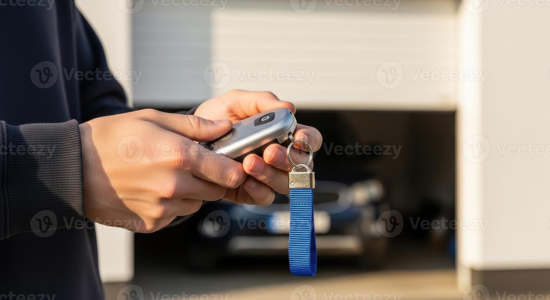 Man hands holding a modern car key fob to open or close an automatic garage door photo