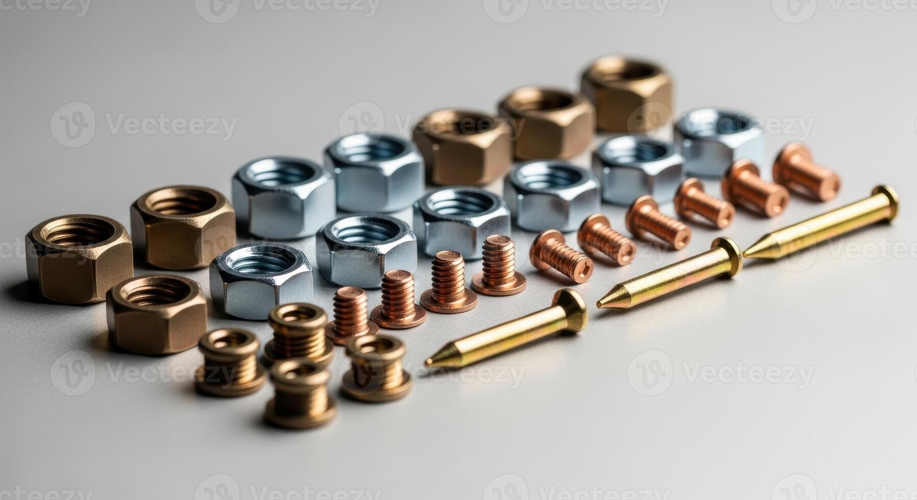 Assorted metal fasteners including brass and steel nuts, copper screws, and brass pins photo