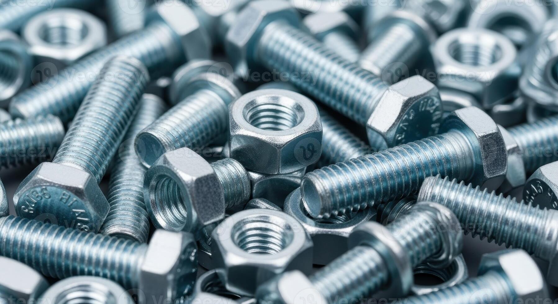 Close up view of shiny metal bolts and nuts for industrial and construction projects. photo