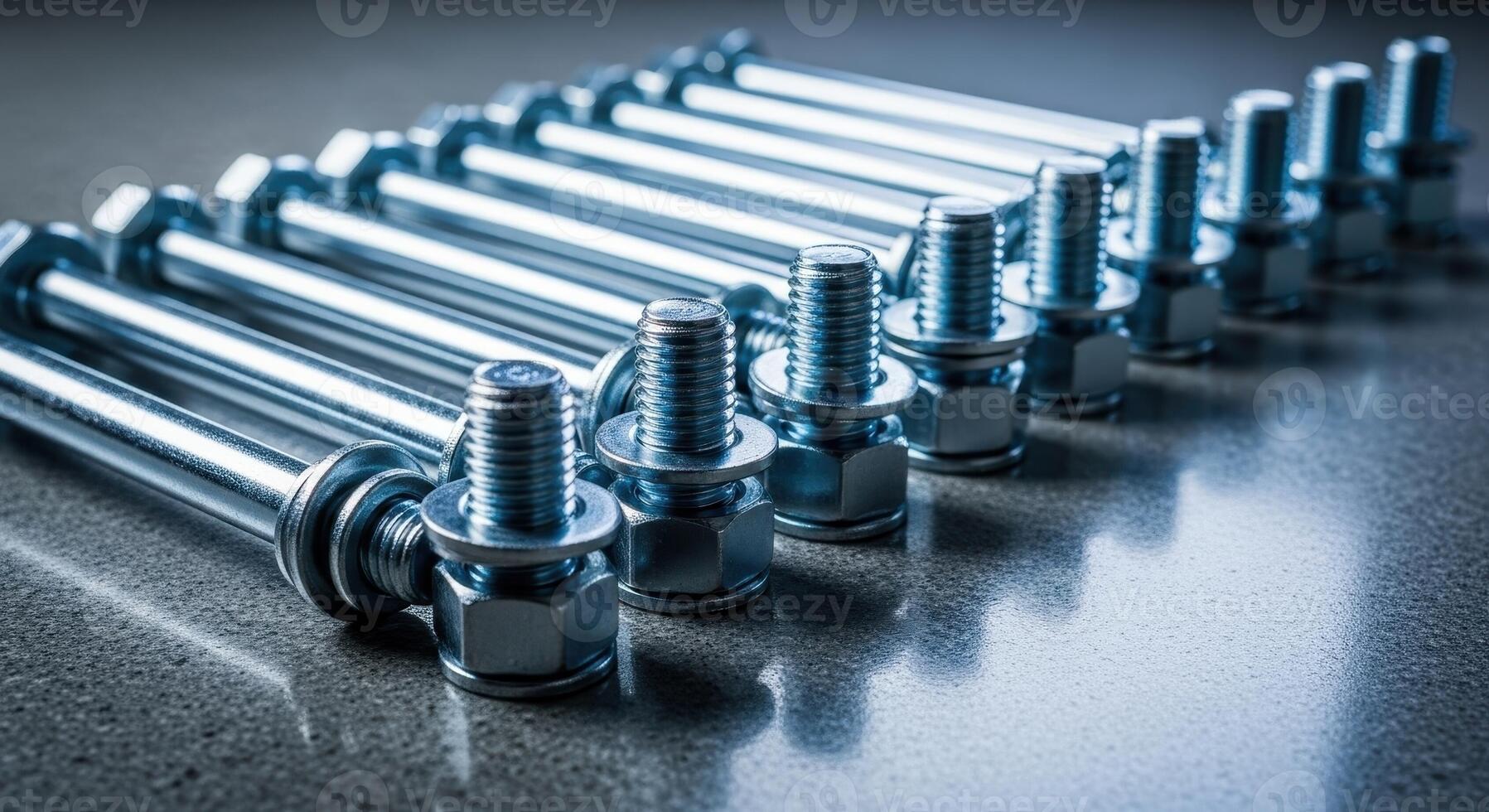 Shiny metal bolts with nuts and washers arranged in a row for industrial use photo