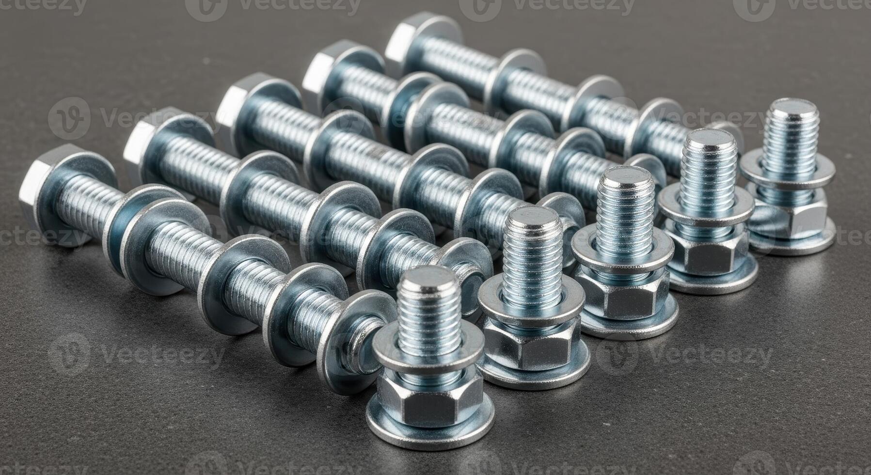 Shiny metal bolts with nuts and washers arranged in rows, representing industrial hardware photo