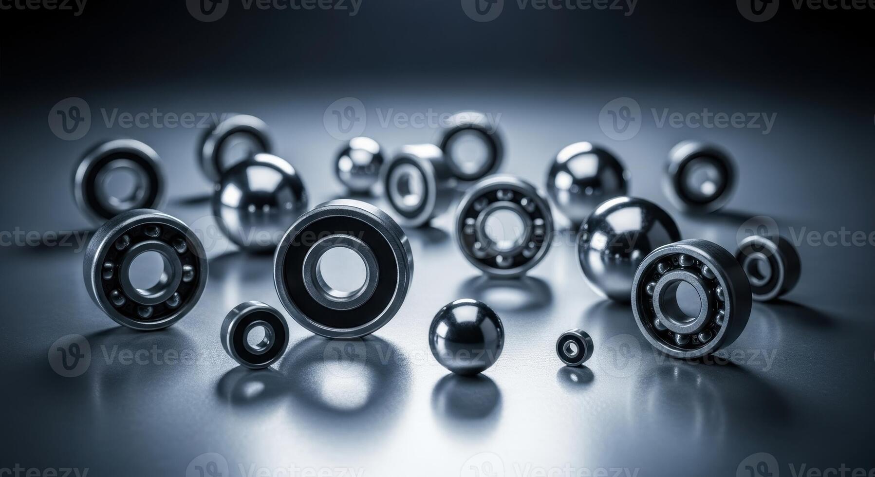 Shiny metal ball bearings and steel balls on a dark reflective surface photo