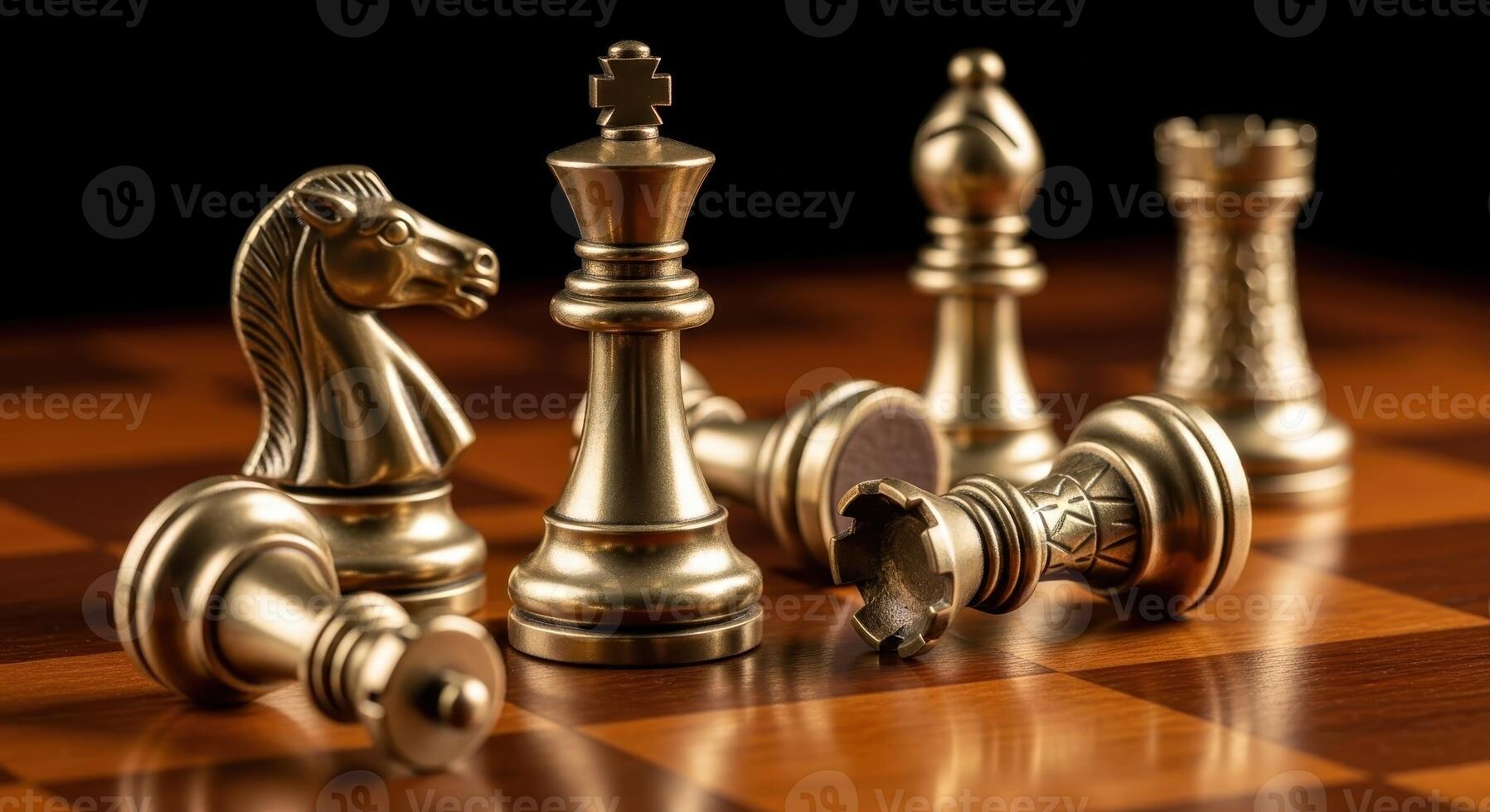 Bronze chess pieces on a wooden board with a fallen queen symbolizing defeat photo