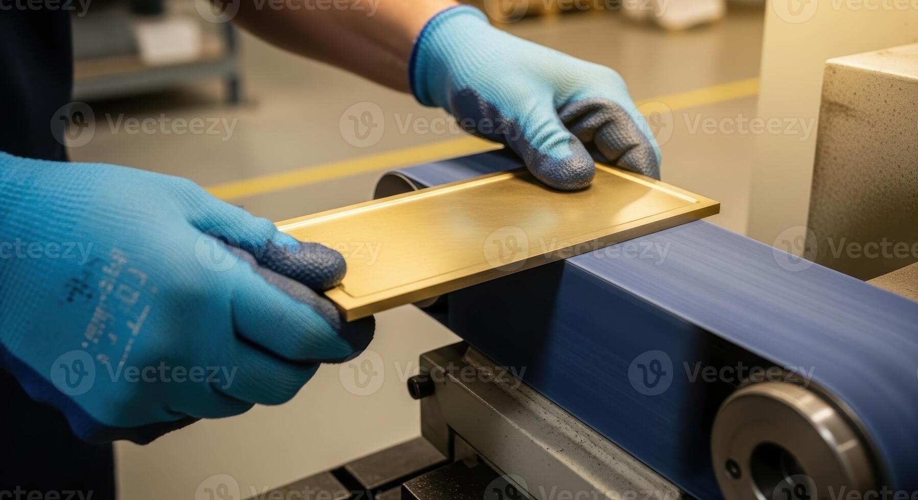 Worker in protective gloves uses a belt sander to polish a metal component in a factory. photo