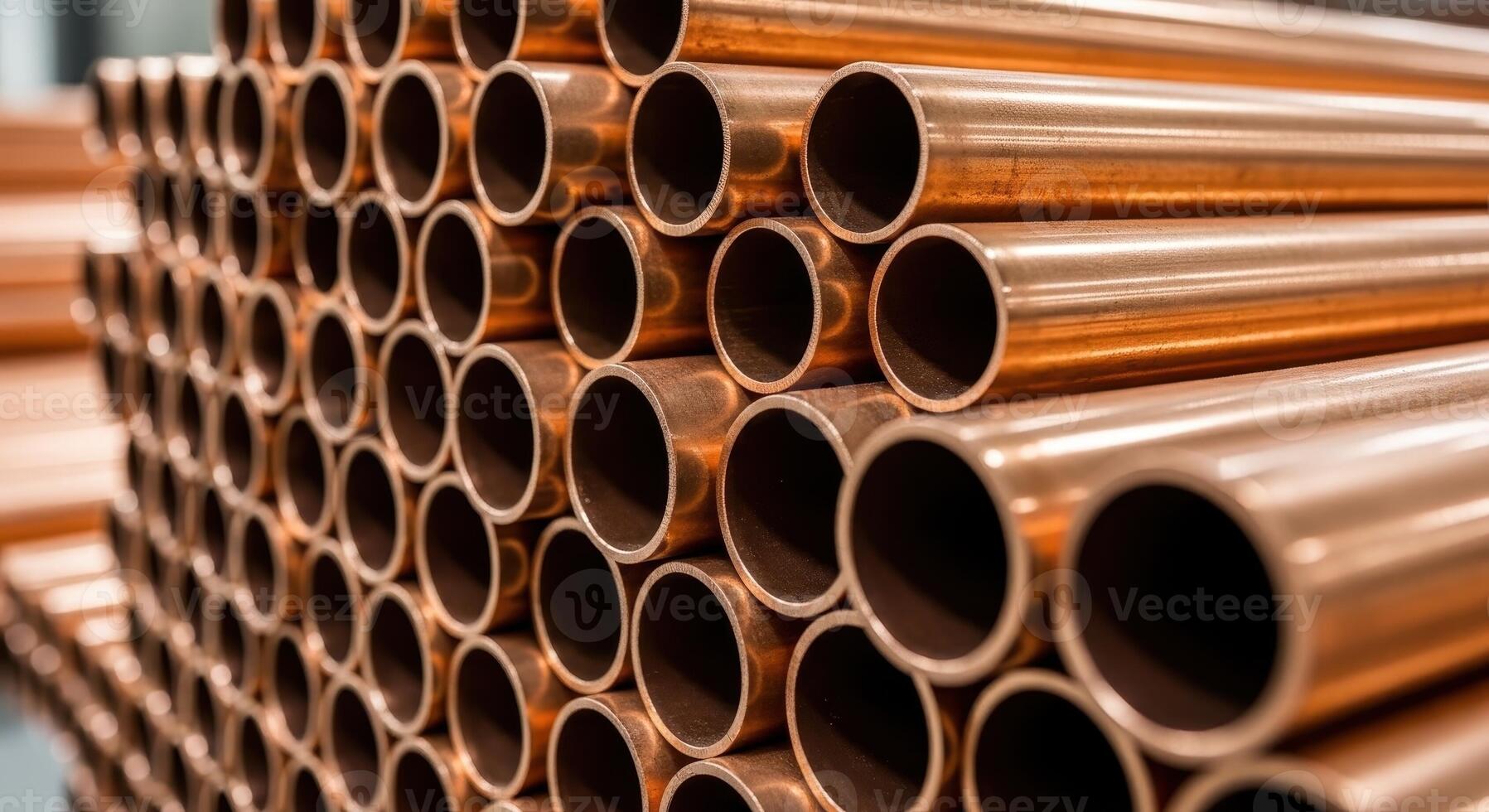 Stack of shiny copper pipes for industrial, construction, and plumbing applications photo