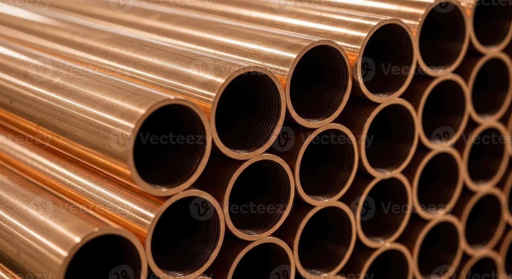 Stacked shiny copper pipes for industrial use in construction and plumbing photo