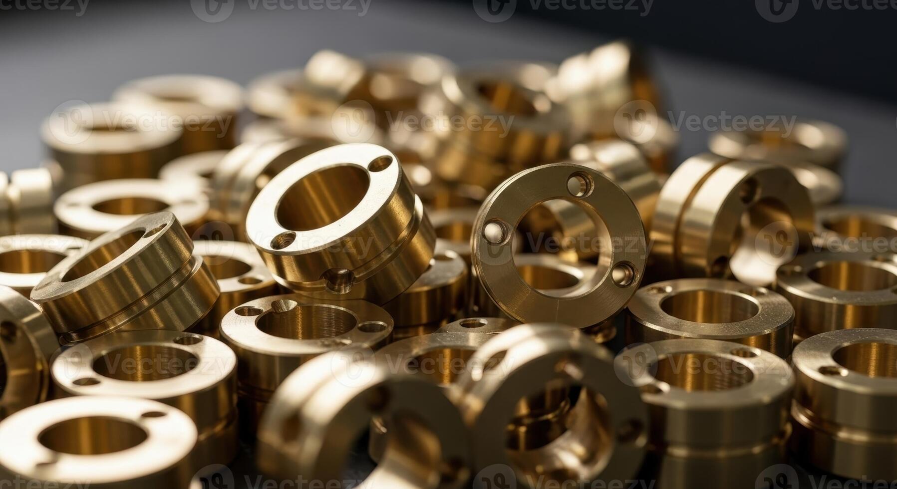 Close up of a pile of golden brass industrial metal parts for engineering and manufacturing. photo