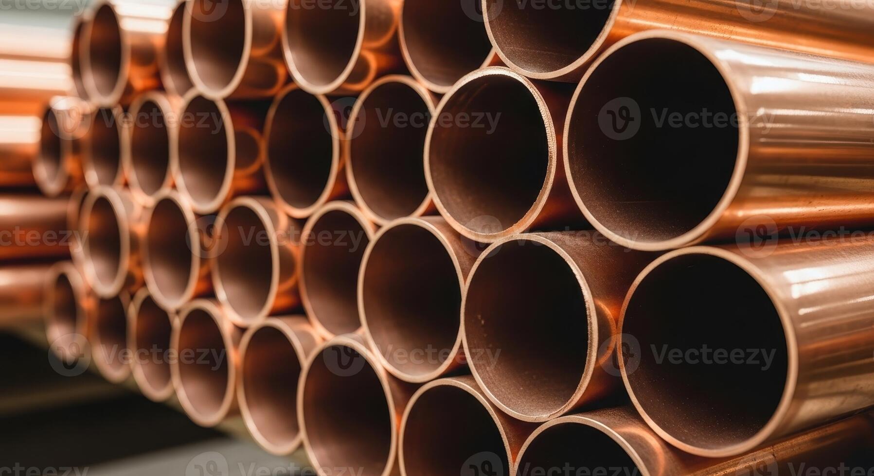 Stack of shiny copper pipes for industrial and plumbing applications photo