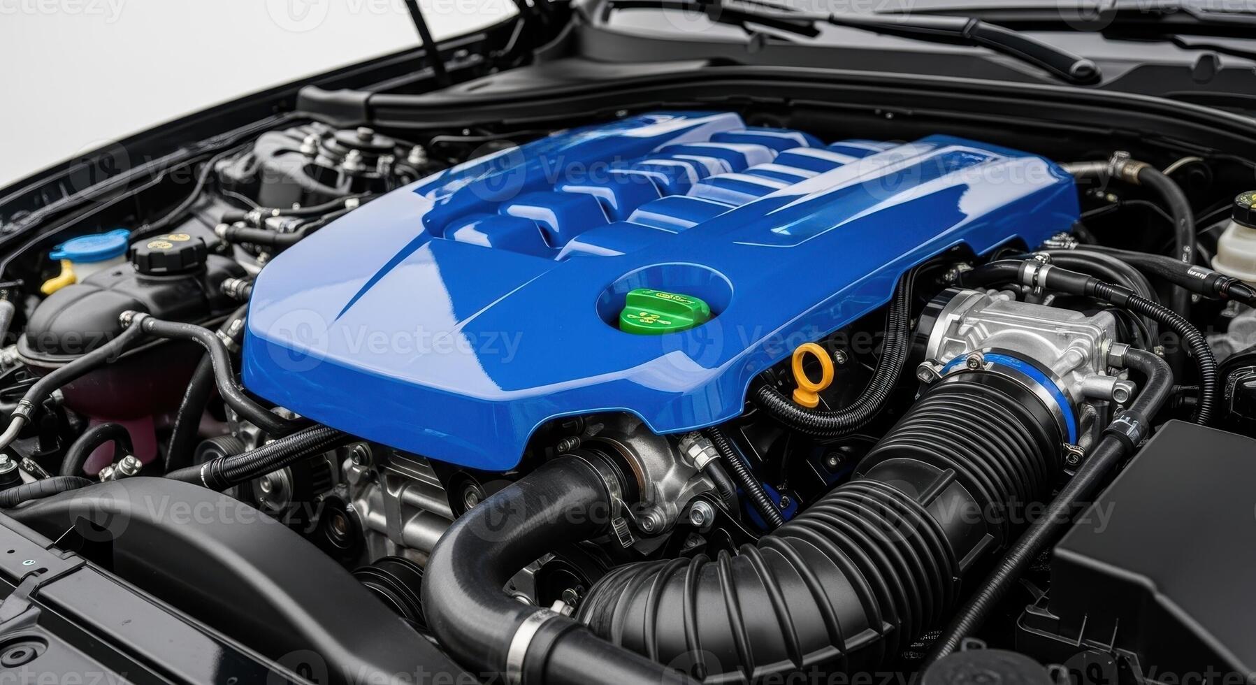 Detailed close up view of a modern car engine with a bright blue cover and components photo