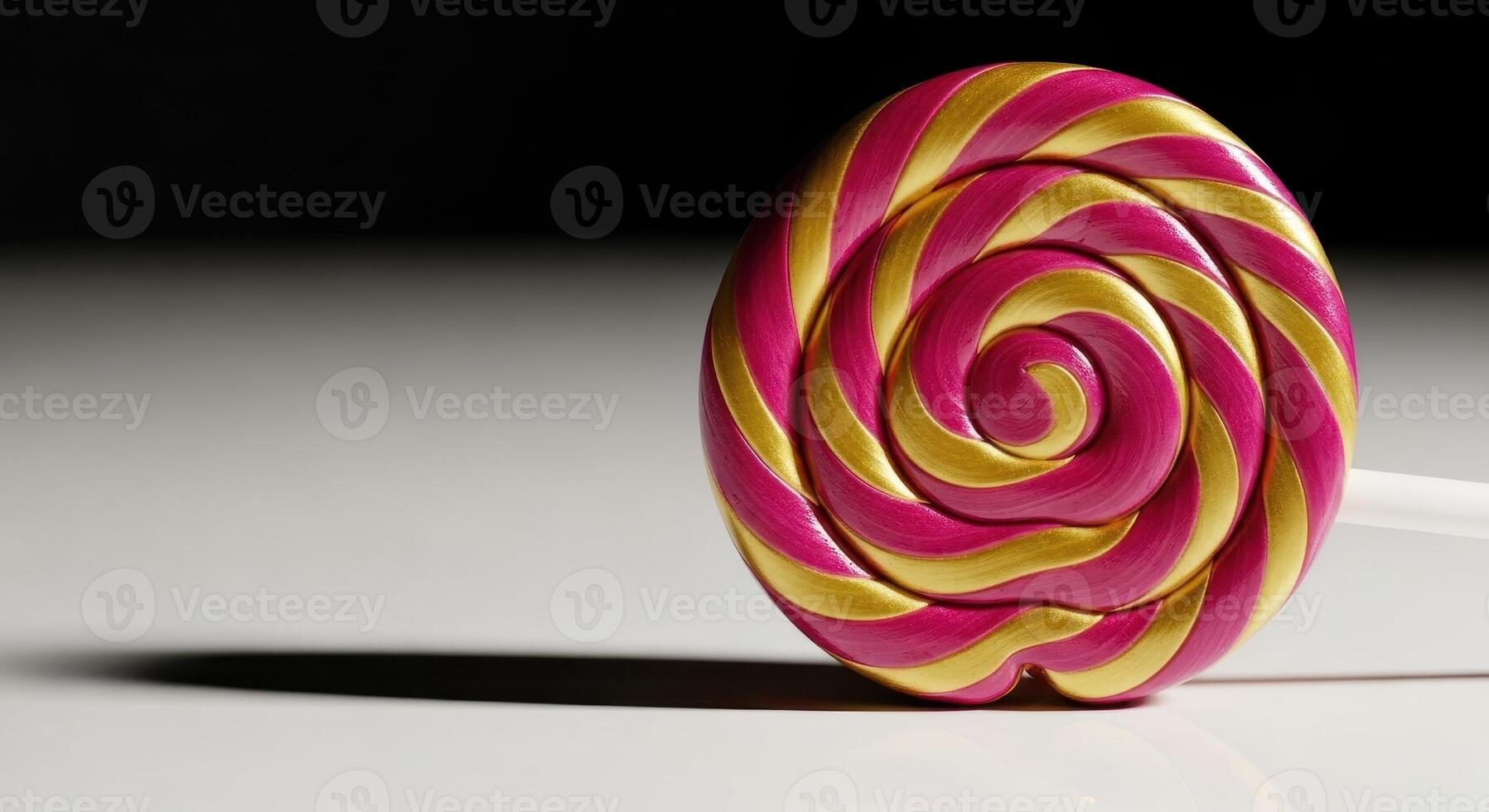 A vibrant pink and gold swirl lollipop with a spiral pattern on a light surface. photo