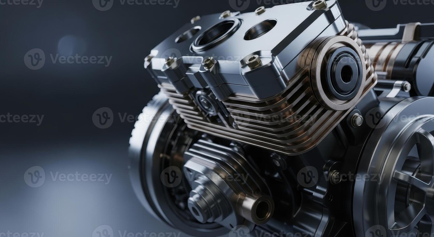 Close up of a powerful metallic engine, highlighting intricate mechanical components and engineering. photo