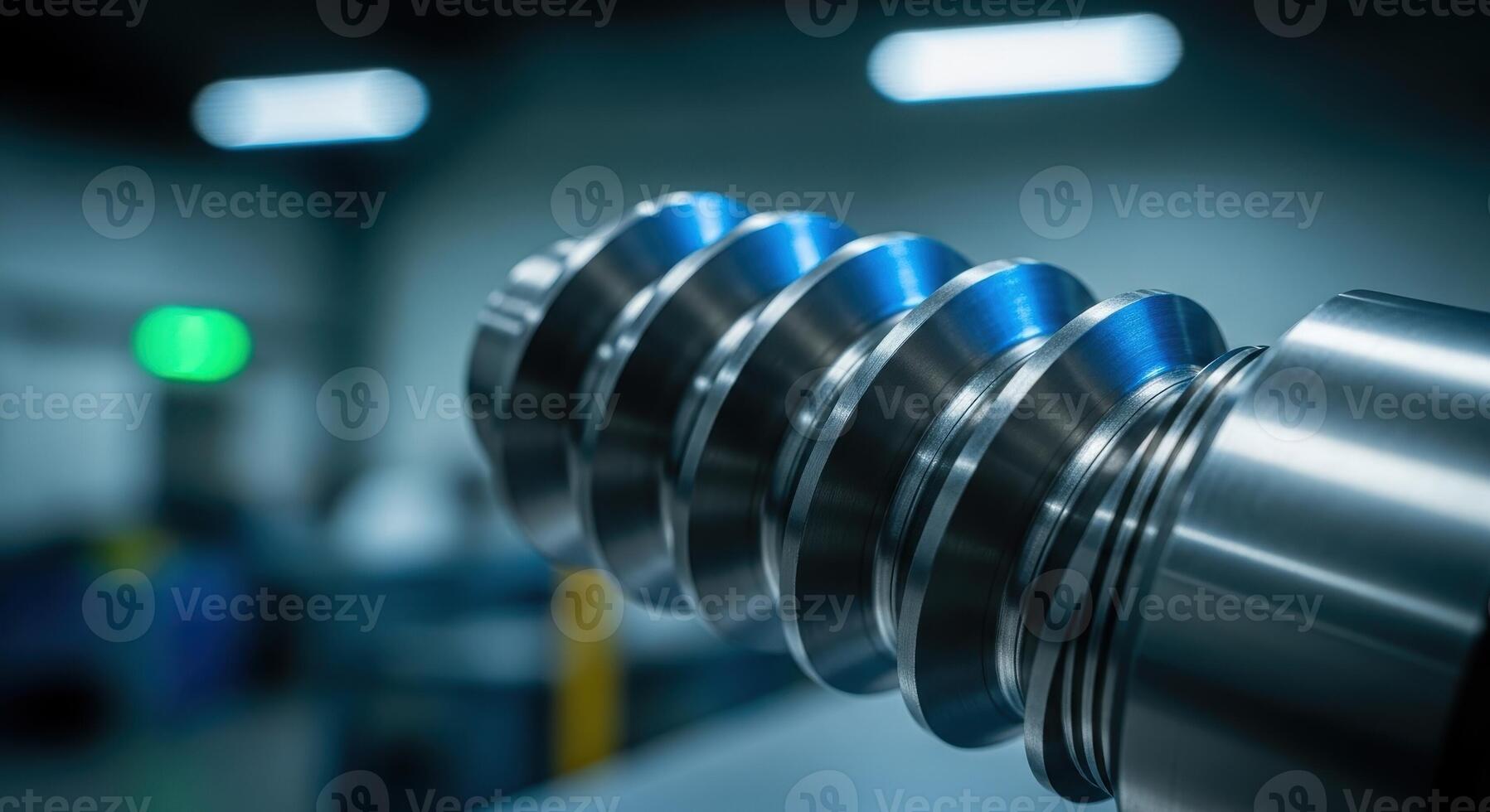 Close up of a precision metallic threaded screw shaft in an industrial manufacturing facility photo