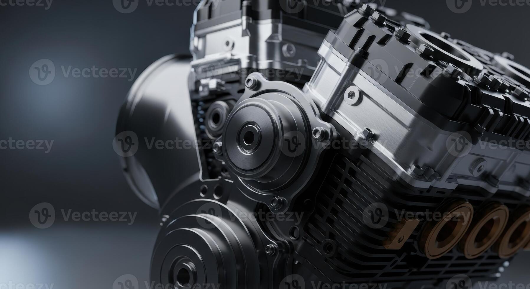 Close up of a powerful and modern metallic car engine, showcasing advanced automotive technology. photo