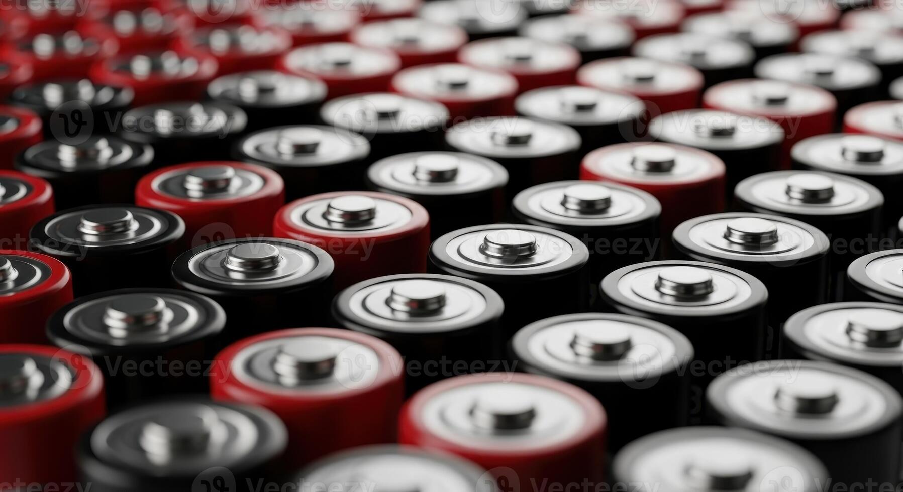 Close up view of numerous red and black cylindrical batteries arranged in neat rows for energy storage photo