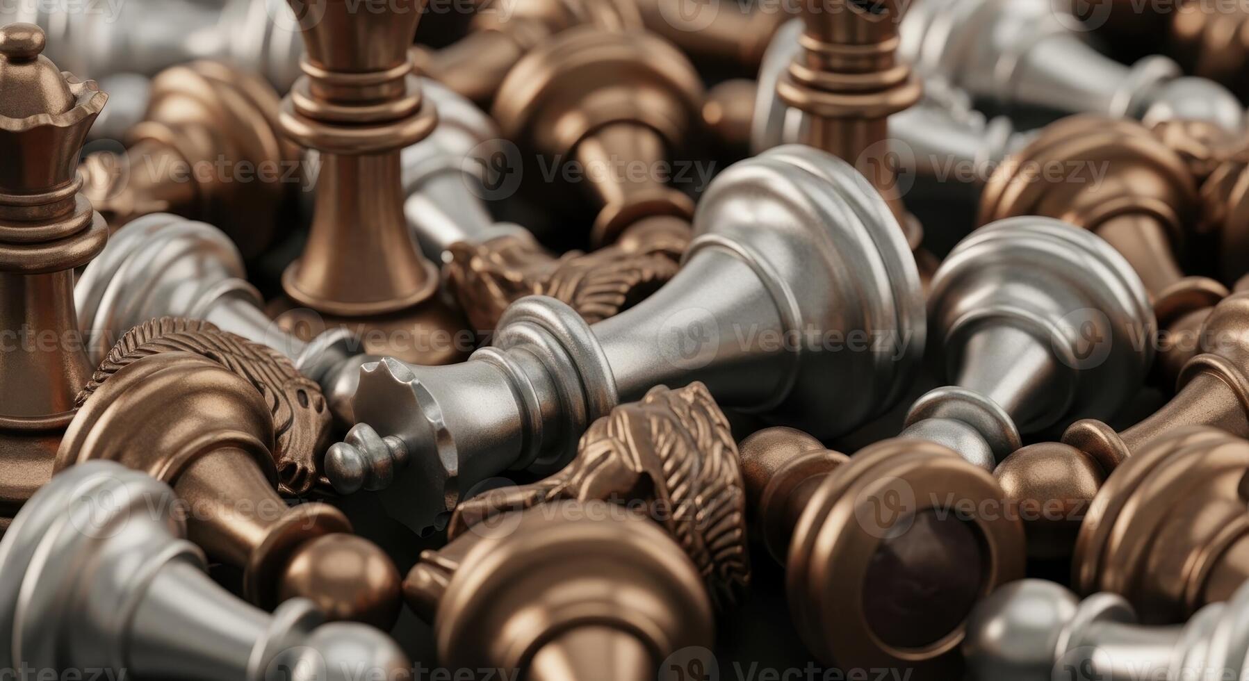 Pile of metallic silver and bronze chess pieces symbolizing strategy photo