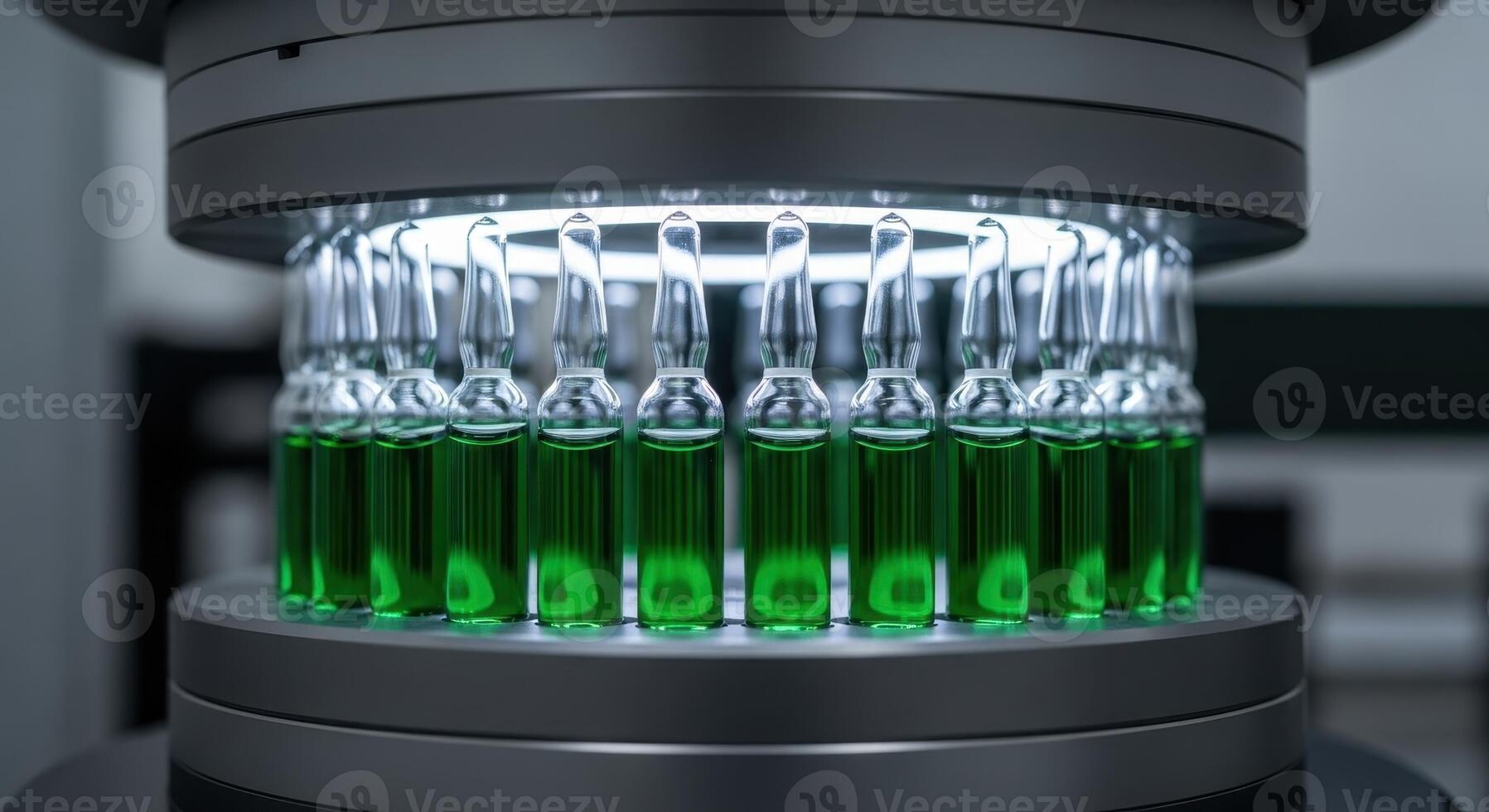 Glass ampoules with green liquid illuminated in a modern pharmaceutical laboratory photo