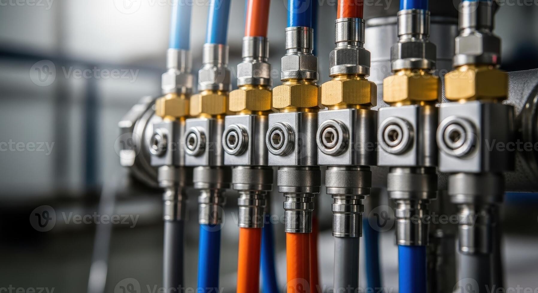 Close up view of colorful industrial pneumatic hoses and quick connect fittings on machinery photo