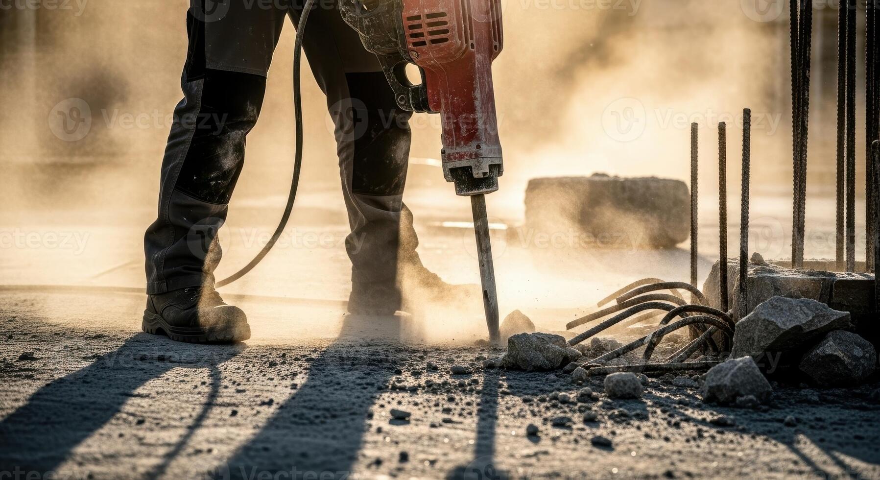 Construction worker uses a heavy jackhammer to break concrete on a dusty site photo