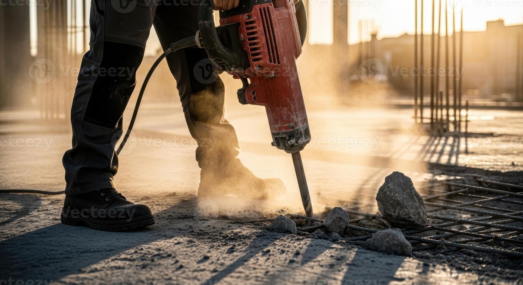 Construction worker using a jackhammer to break concrete on a dusty building site. photo