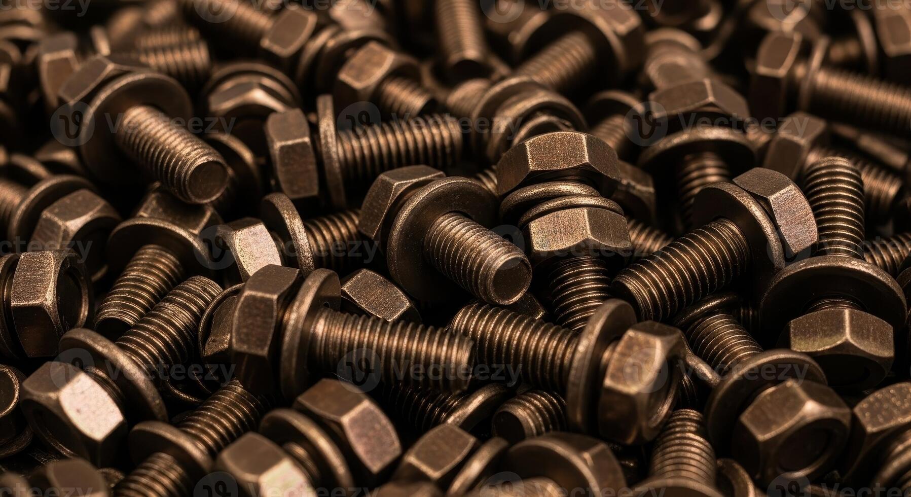 Close up of a pile of metallic bolts, nuts, and washers for industrial use photo