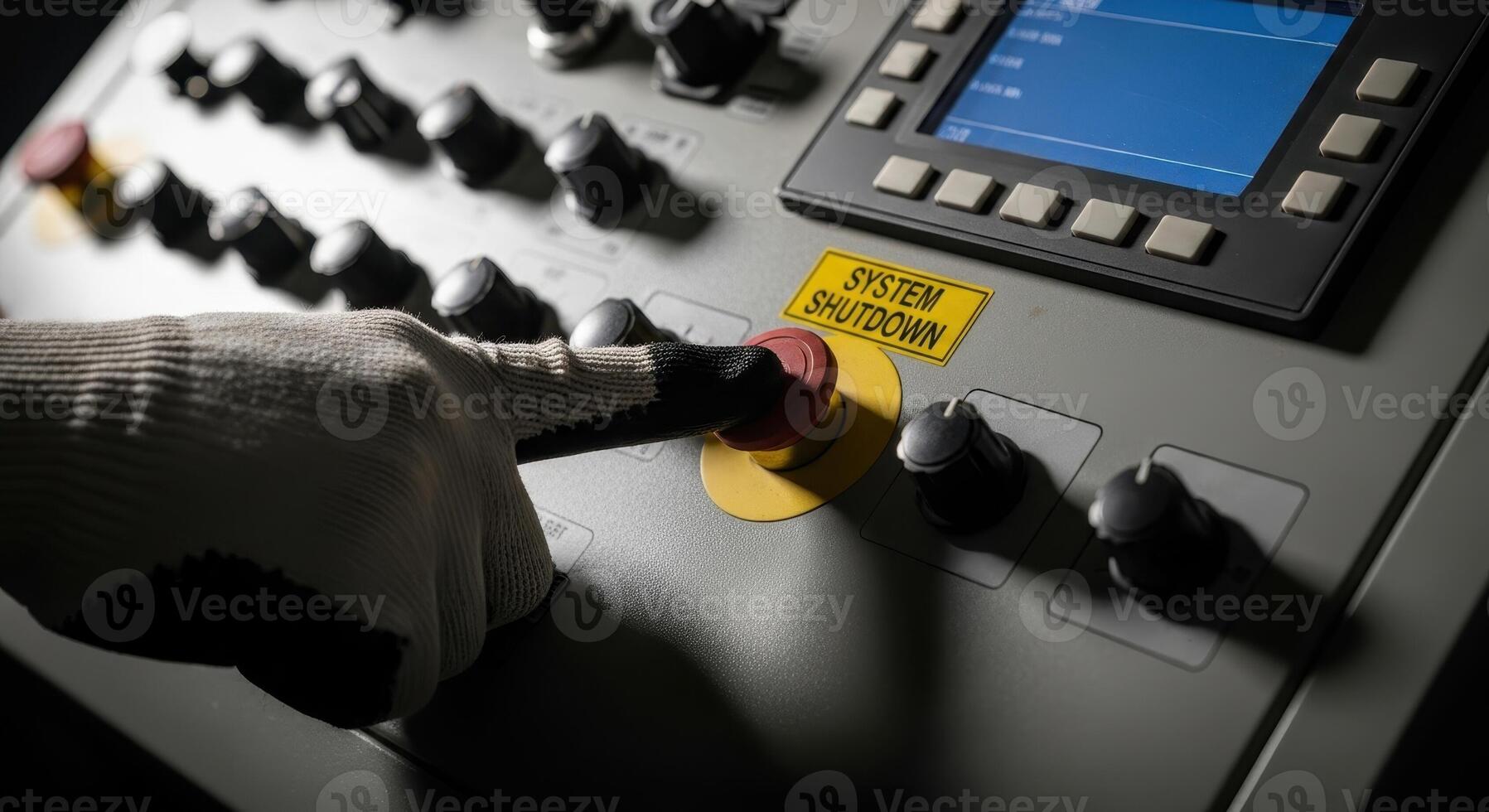 Gloved hand pressing a red emergency stop button on an industrial control panel for system shutdown. photo