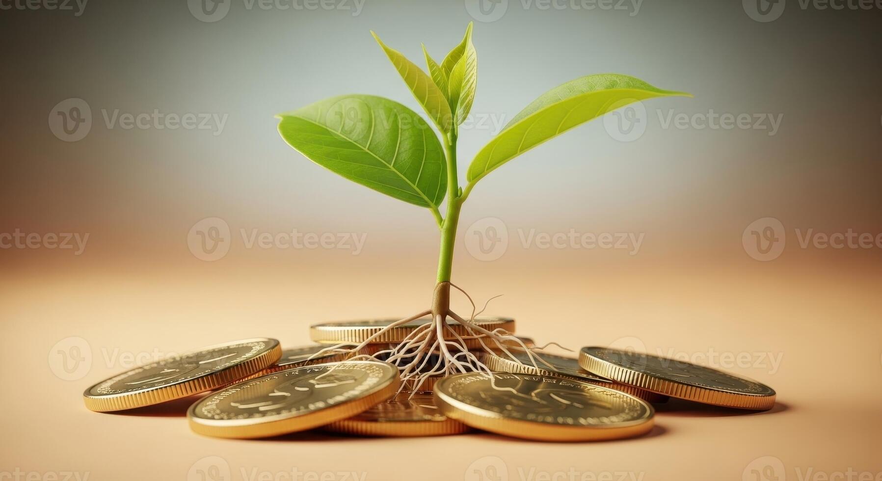 Green plant with roots growing from a pile of gold coins symbolizing financial growth photo