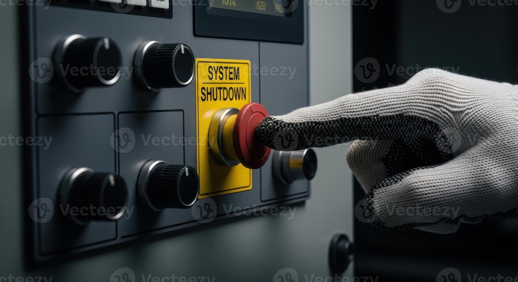 Gloved hand pressing red emergency system shutdown button on industrial control panel photo