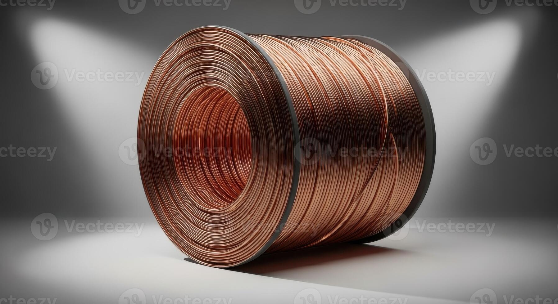 Large coiled copper wire spool for industrial and electrical applications on a studio background photo