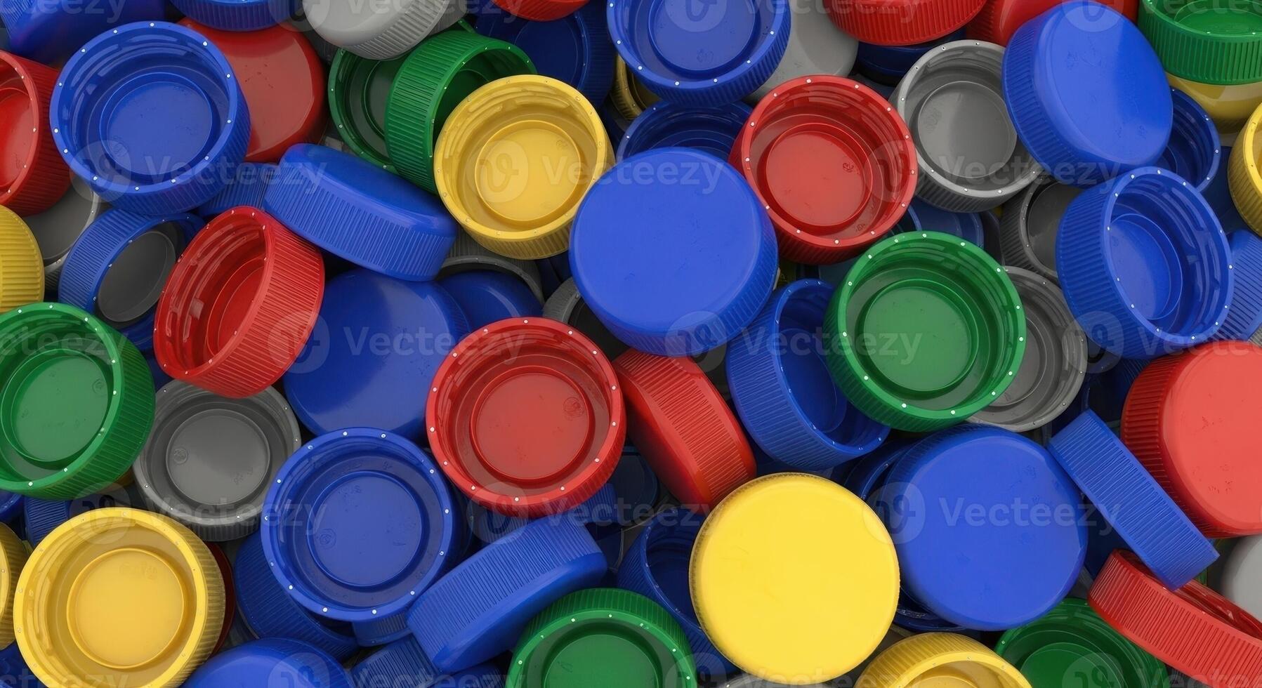 Vibrant close up of a large pile of colorful plastic bottle caps for recycling concept photo