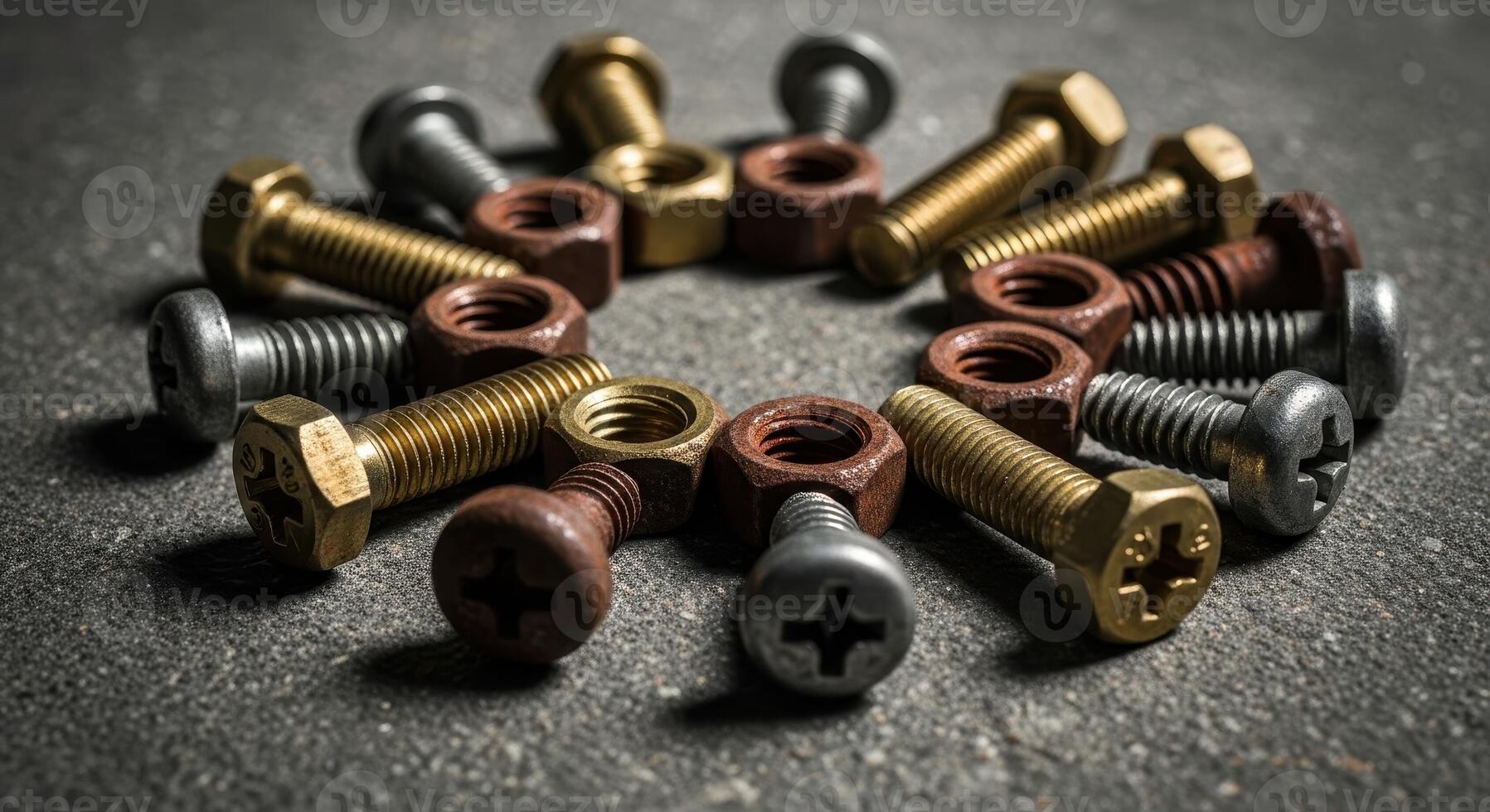 Close up of various metal nuts and bolts arranged in a circle on a dark textured surface. photo