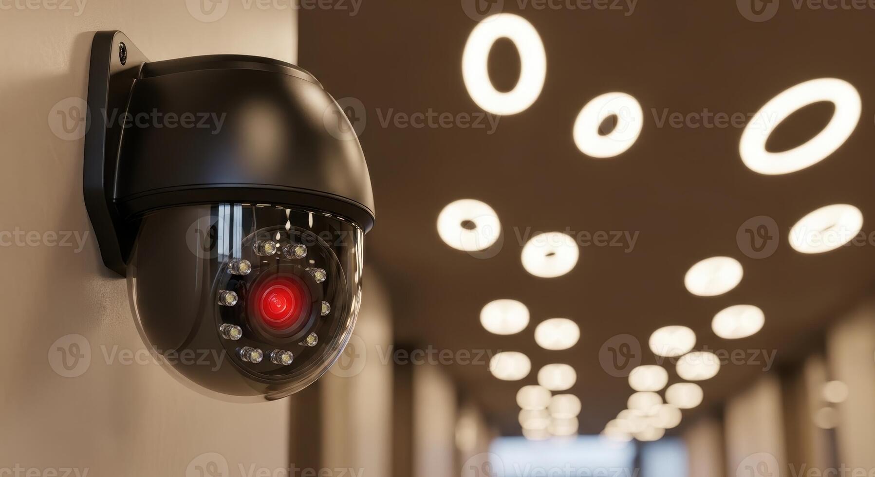 Modern black dome security camera with red light for indoor surveillance photo