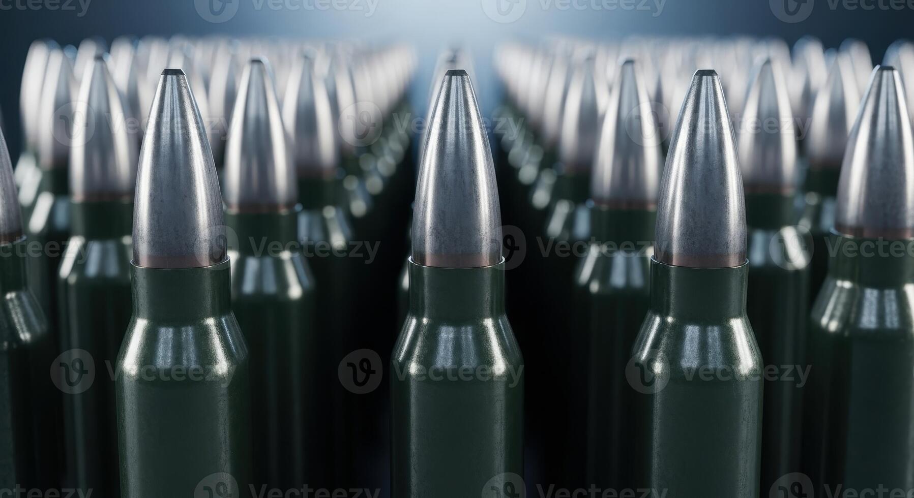 Large group of military rifle bullets standing in organized rows, symbolizing power and defense photo