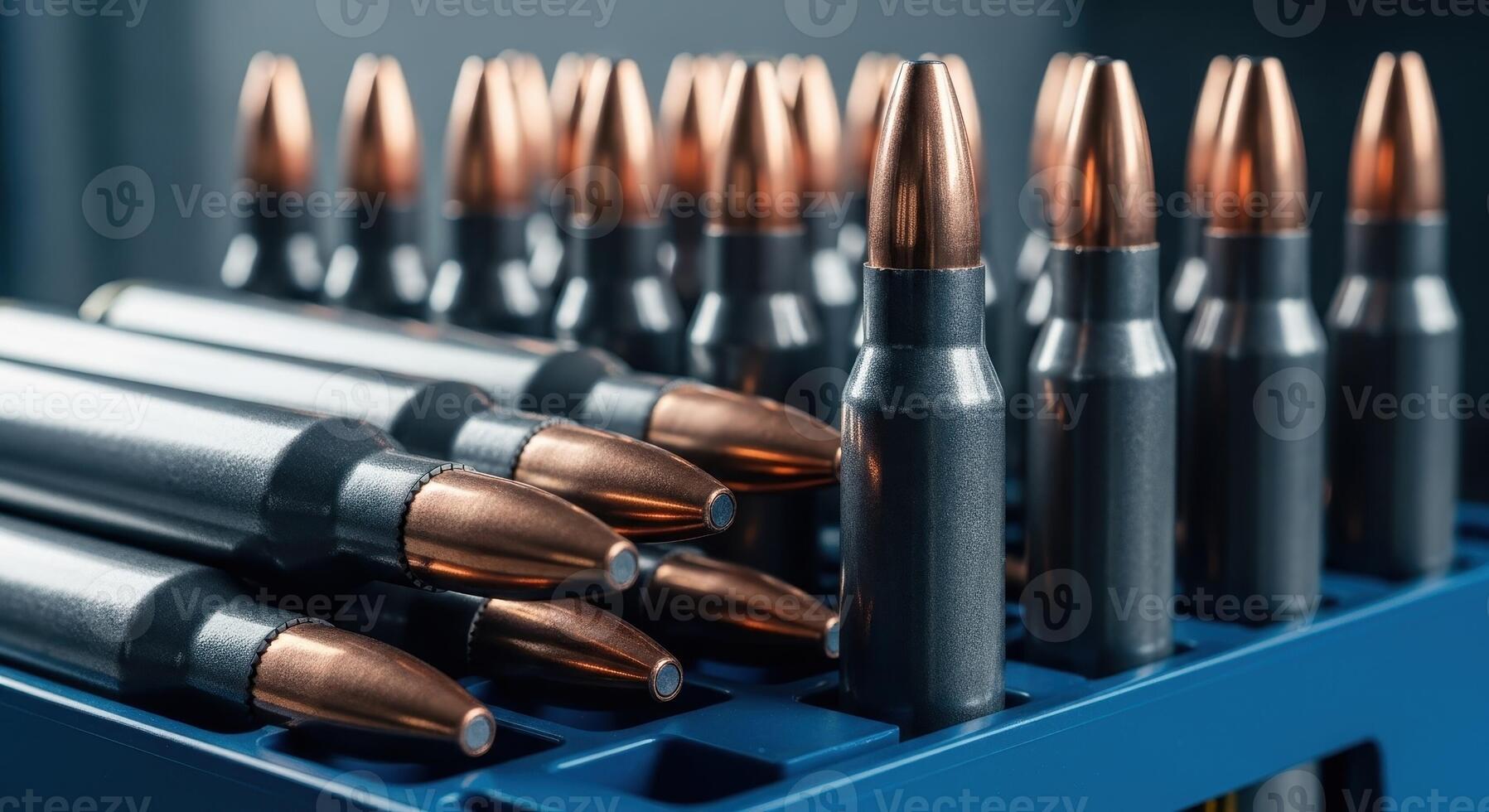Close up of rifle ammunition showing copper tipped bullets and dark grey casings in a tray photo