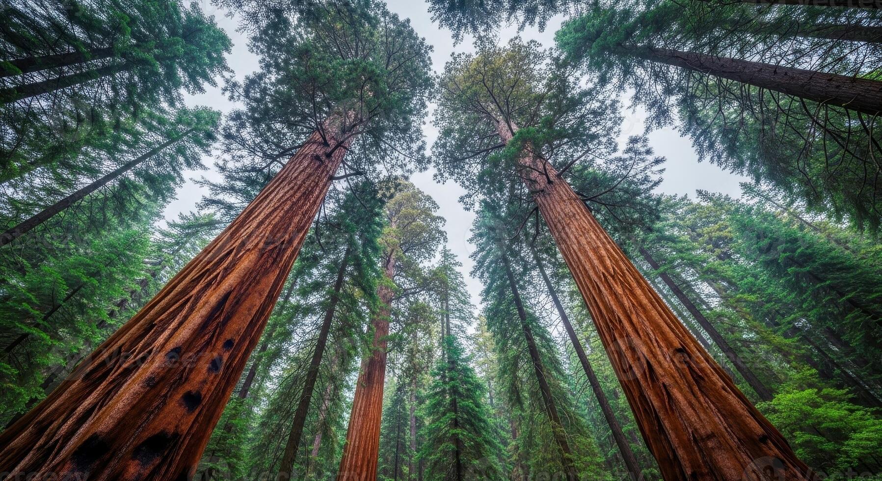 Looking up at the majestic giant sequoia trees reaching high into the forest canopy. photo