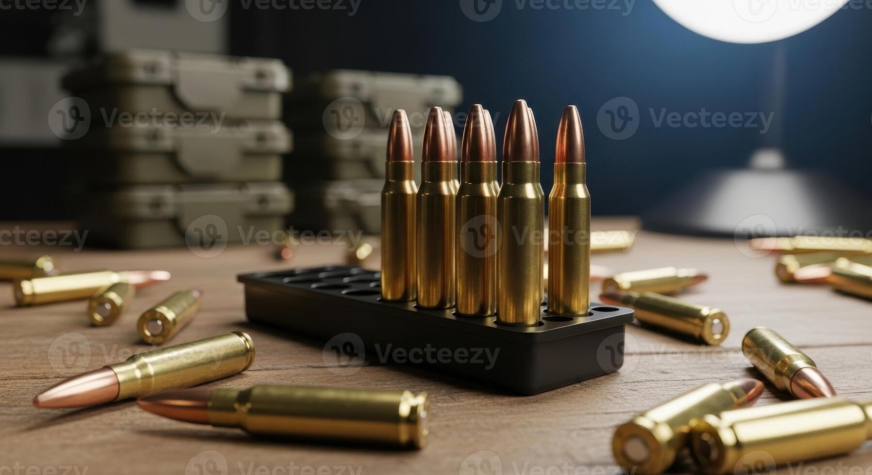 Close up of rifle bullets and ammunition cartridges on a wooden table with cases photo