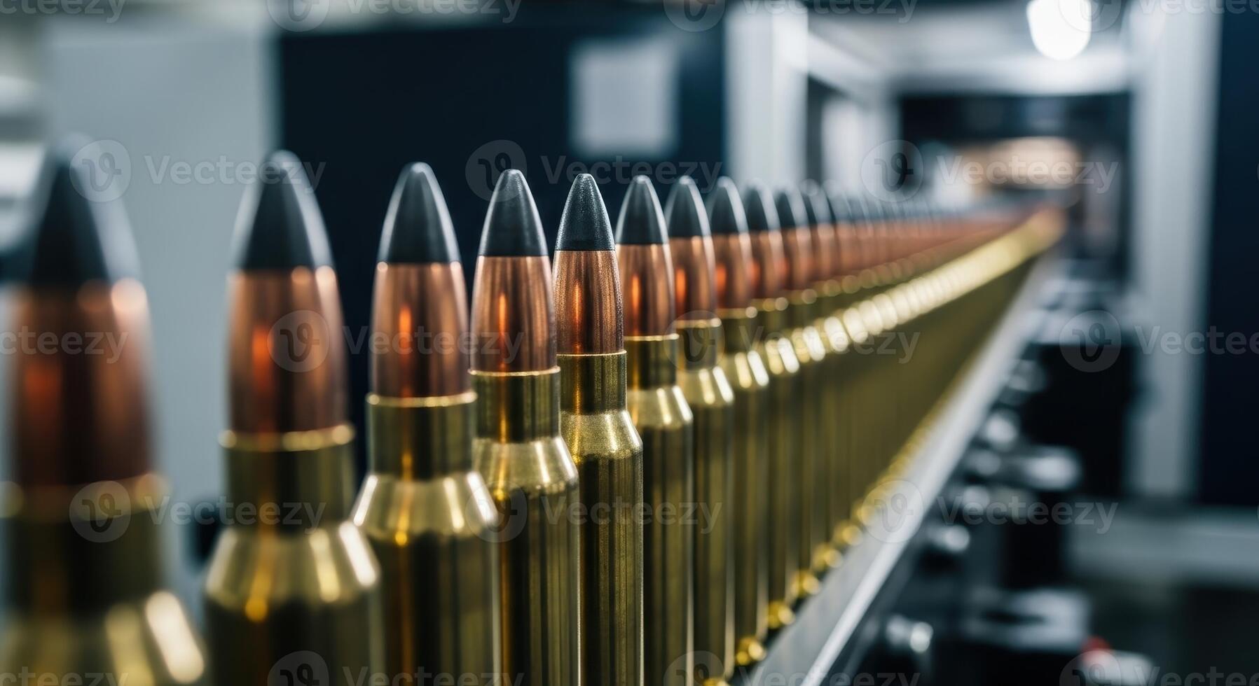 Close up of rifle bullets on an assembly line in a modern ammunition factory photo