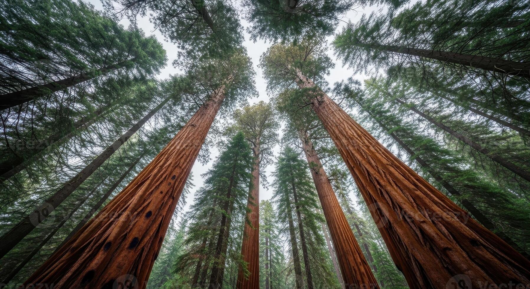 Towering giant redwood trees reaching towards the sky in a majestic forest photo