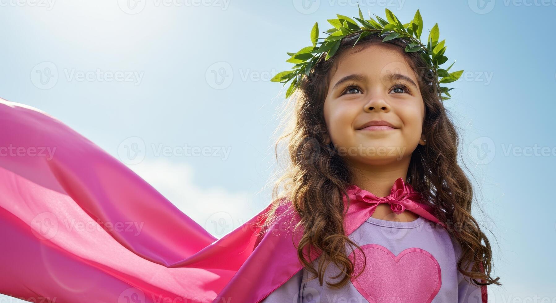 Hopeful young girl wearing a pink superhero cape and leafy wreath looking up at the sky. photo