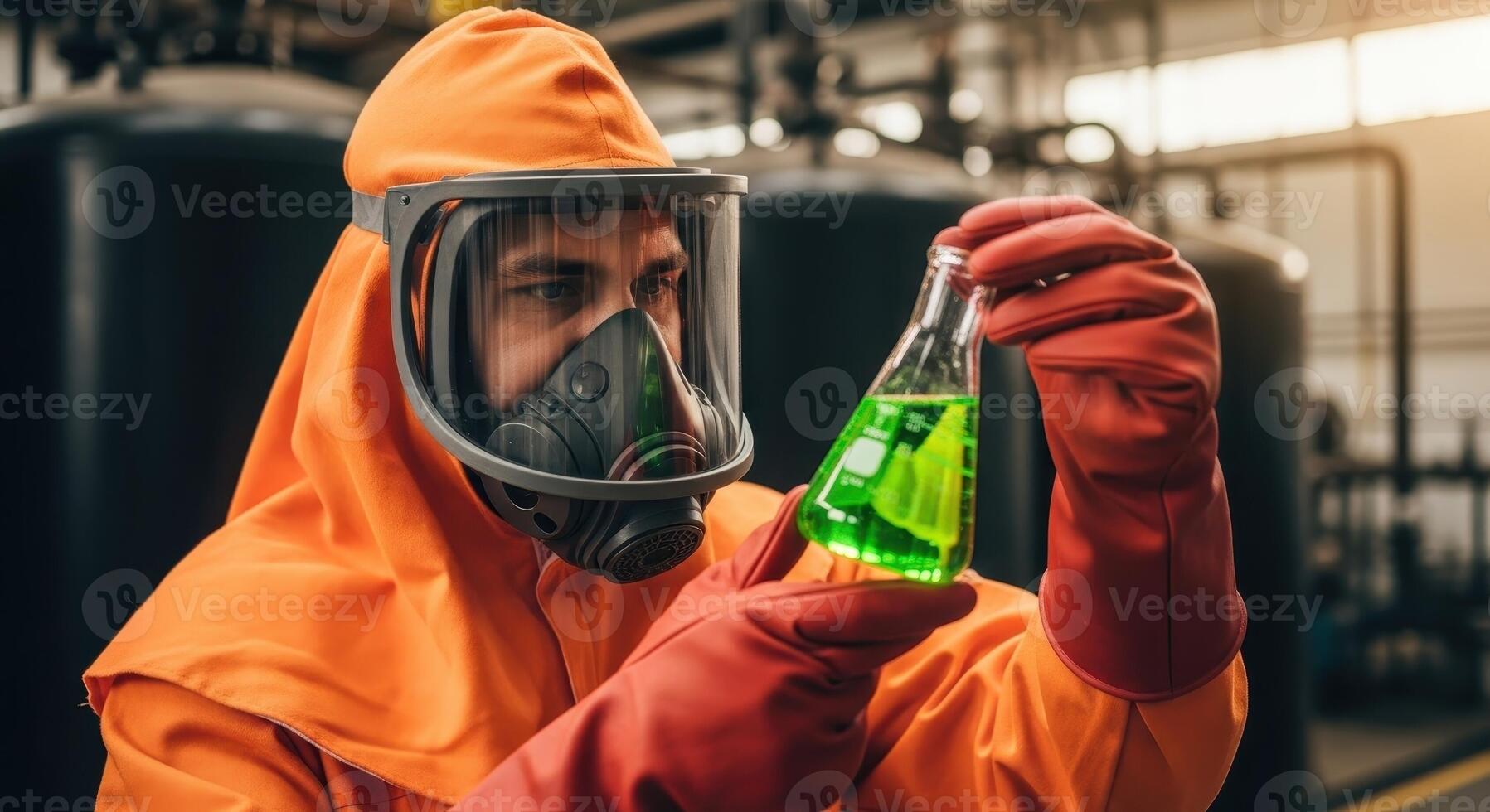 Man in orange protective suit and gas mask holding a flask with green chemical liquid photo