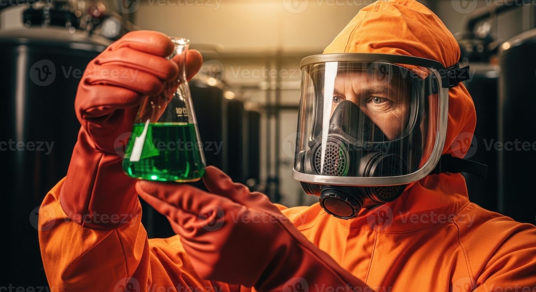 Man in hazmat suit holding chemical flask for experiment in industrial setting photo
