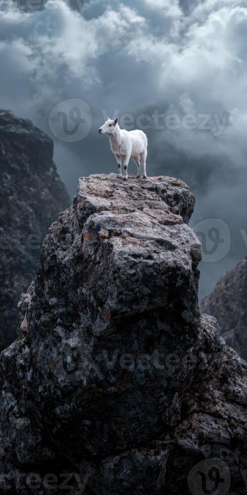 Mountain goat stands atop a rocky peak in wilderness photo