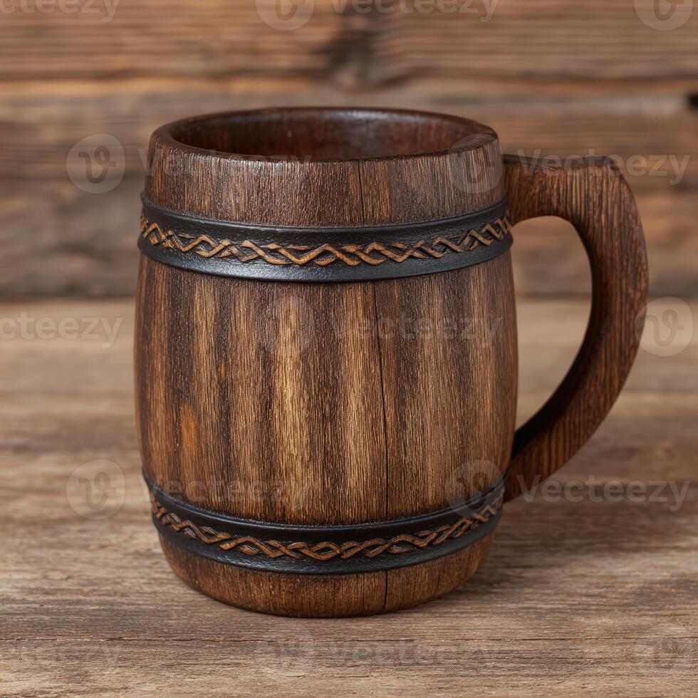 Rustic wooden beer stein on a wood surface photo