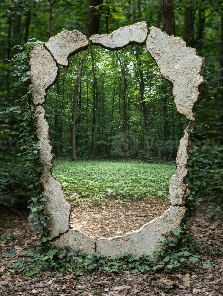 Surreal stone portal to a lush green forest photo