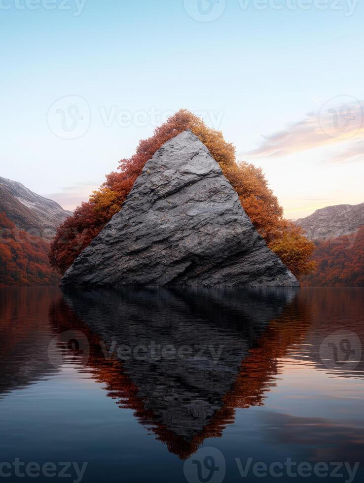 Triangular rock formation surrounded by autumn trees in a lake photo