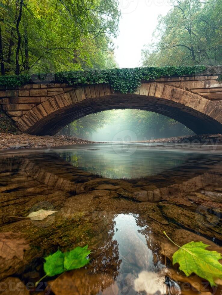 Stone bridge over a creek in a lush forest photo