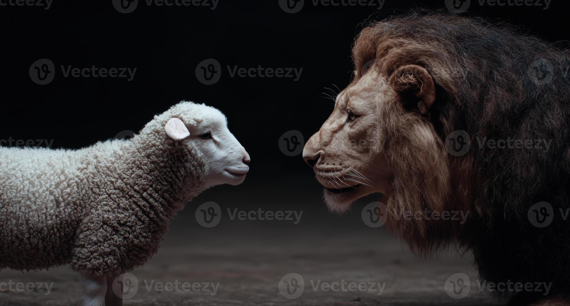 Lion and lamb face each other in stark contrast photo