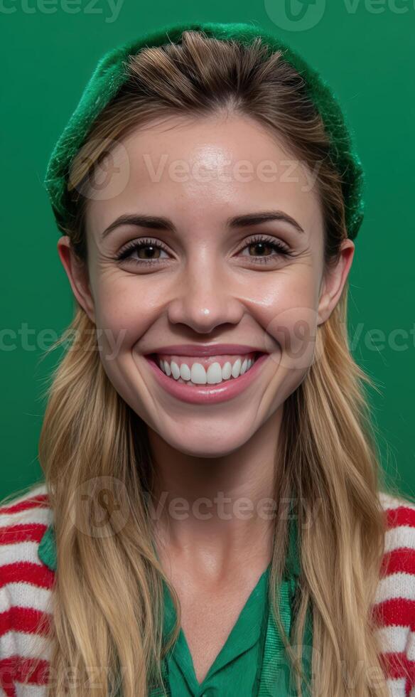 Smiling woman in festive attire against green backdrop photo