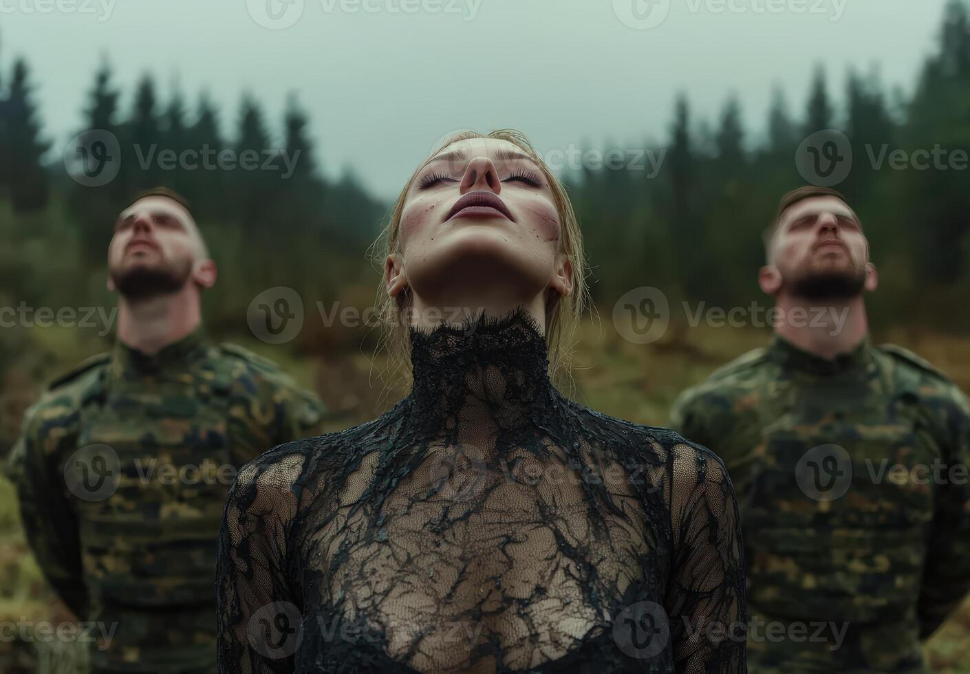 Mysterious woman in lace with soldiers gazes skyward outdoors photo