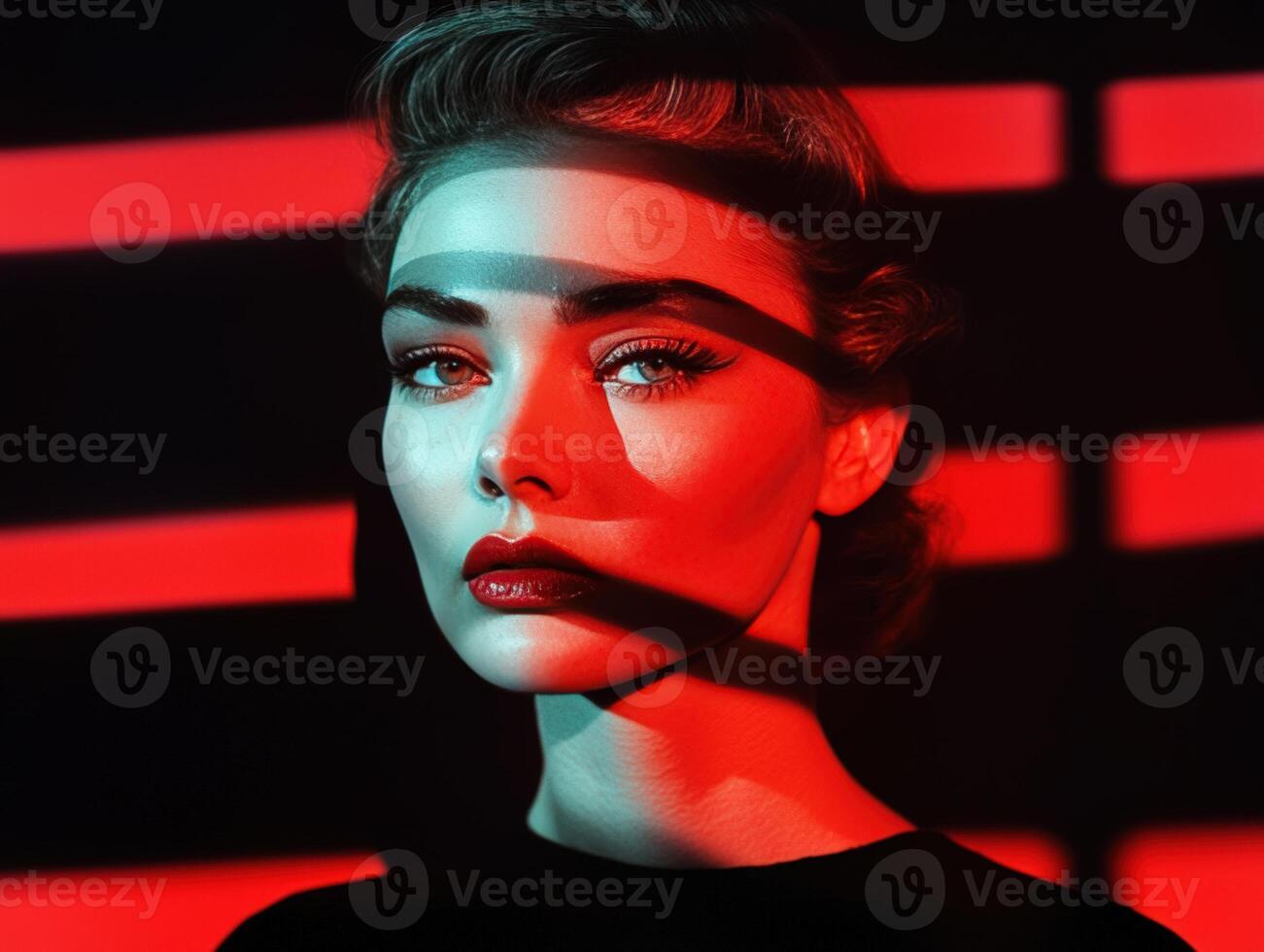 Elegant woman in red light and shadow portrait photo
