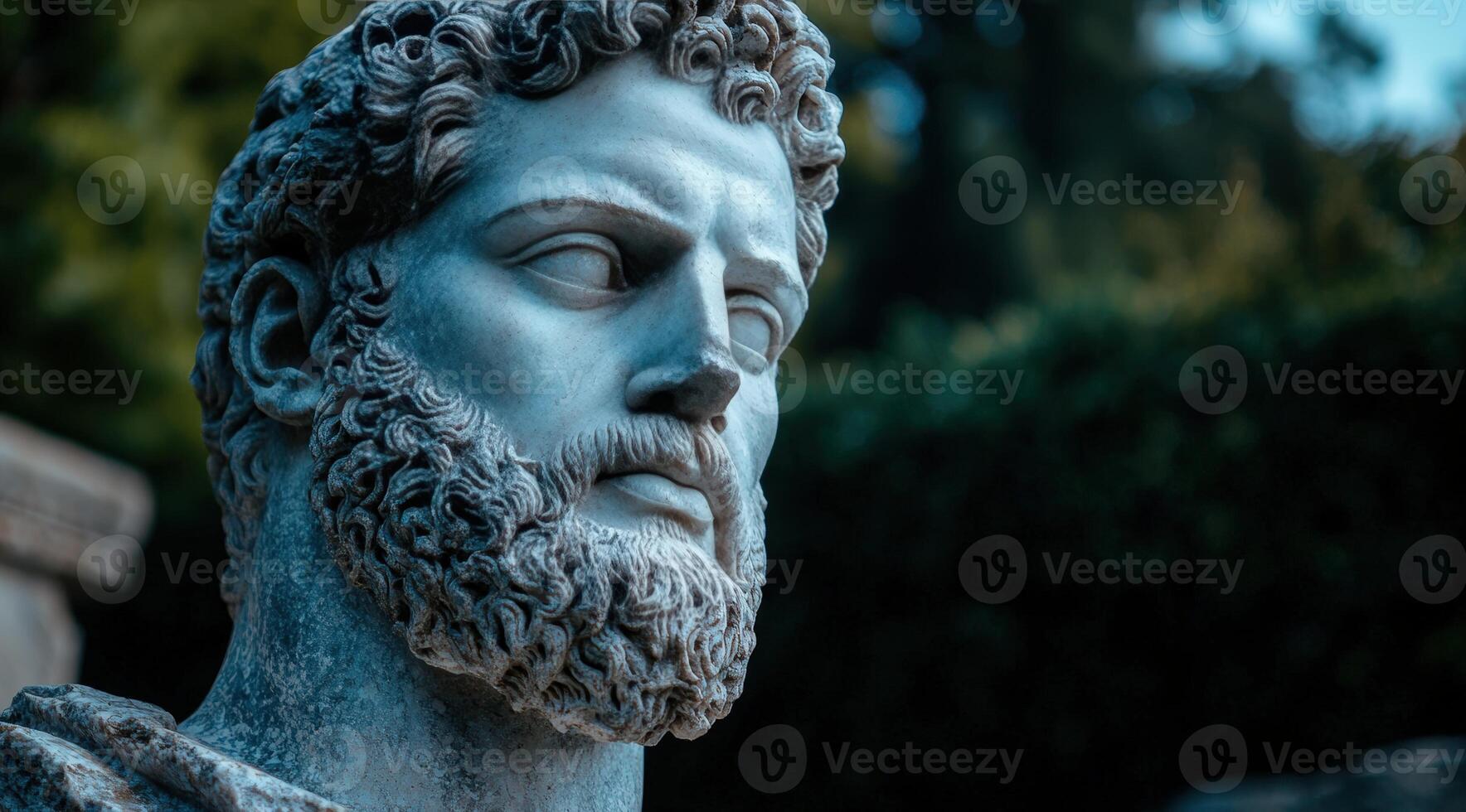 The marble bust of a bearded man in a garden photo